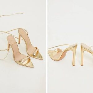 Pointed toe design, tie-up straps and a 4.5 high heel. BRAND NEW, NEVER WORN.